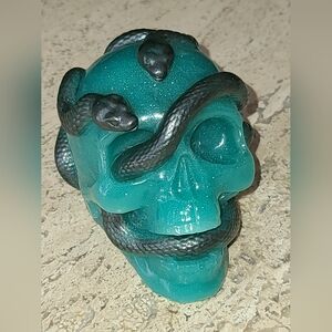 Teal and Black Snake Skull Art Piece